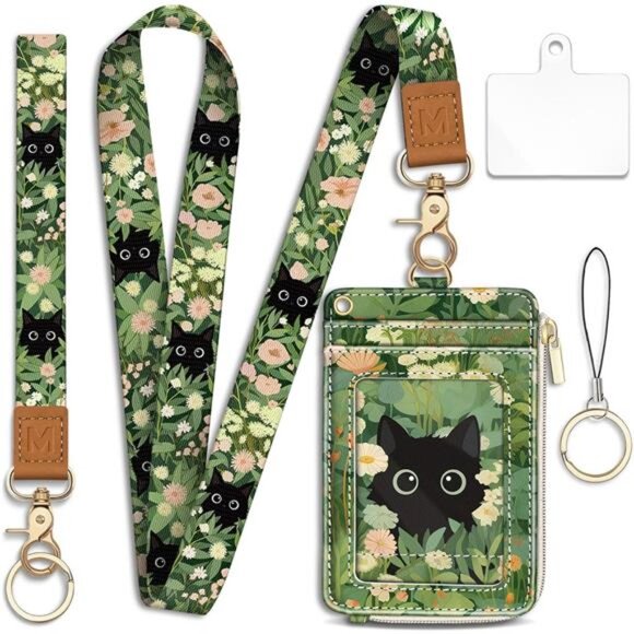 Floral Cat Lanyard Wallet ID Badge Holder RFID Keychain Wristlet Card Holder - Picture 1 of 7